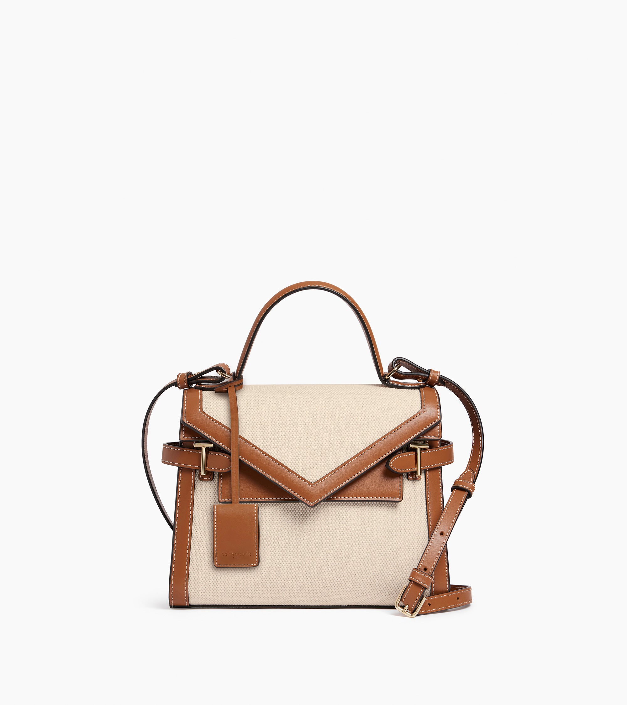Bolso de mano mediano con doble solapa modelo Emilie en lona de algodón y cuero liso